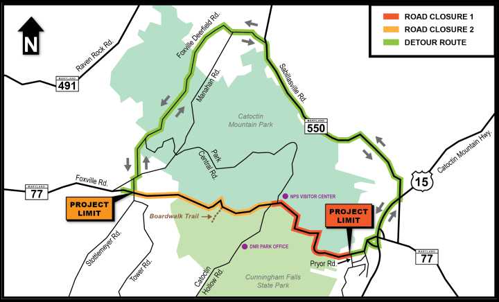 Detour route for MD 77 (Foxville Road) temporary closure