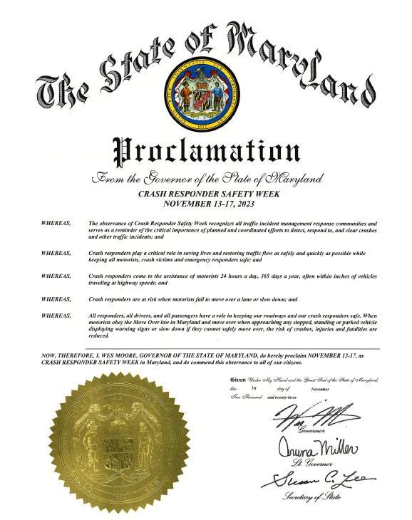 Governor's proclamation Crash Responders Safety Week 2023