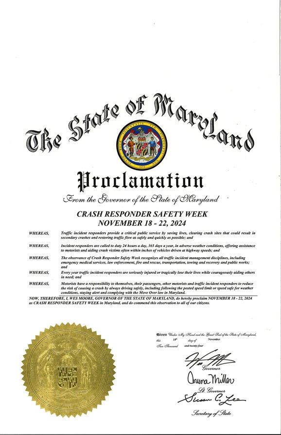 Governor's proclamation Crash Responders Safety Week 2023