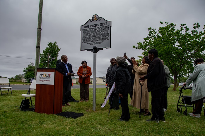event for installation of historical marker honoring crab pickers strike