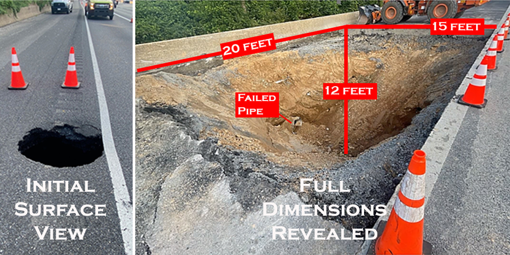 MDOT SHA photo: The southbound I-270 pipe failure before repairs