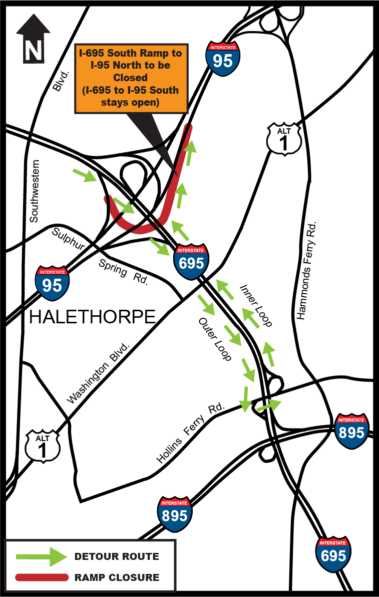 I-695 Outer Loop Interchange detour near Halethorpe