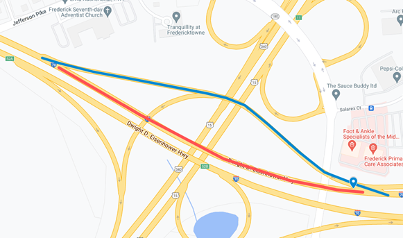 Google Map: The red line indicates the temporary closure, and the blue line will be the detour route