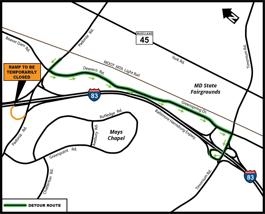 I-83 Padonia Road detour map