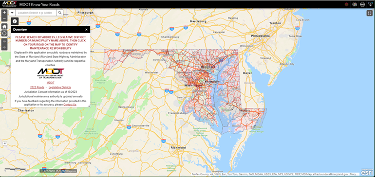 This application displays public roadways maintained by the State of Maryland (Maryland State Highway Administration and the Maryland Transportation Authority) and its respective counties.