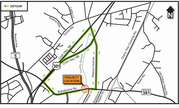 Detour map for MD 381 Bridge replacement project over Timothy Branch.