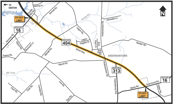 MD 404 between two sections of MD 16 – Harmony Road and Greenwood Road