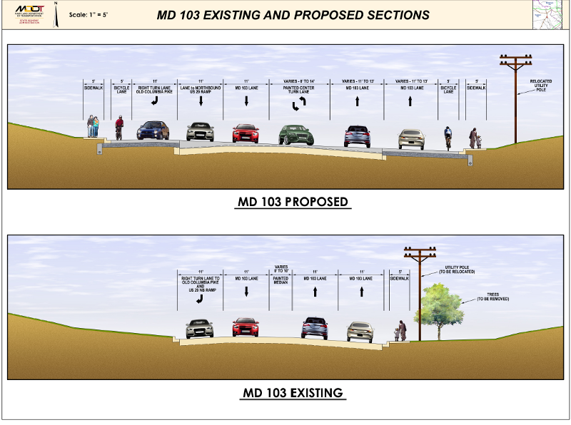 MD 103 existing and proposed highway sections