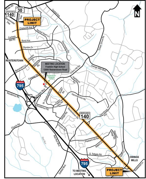 Map of MD 140 project limits and meeting location