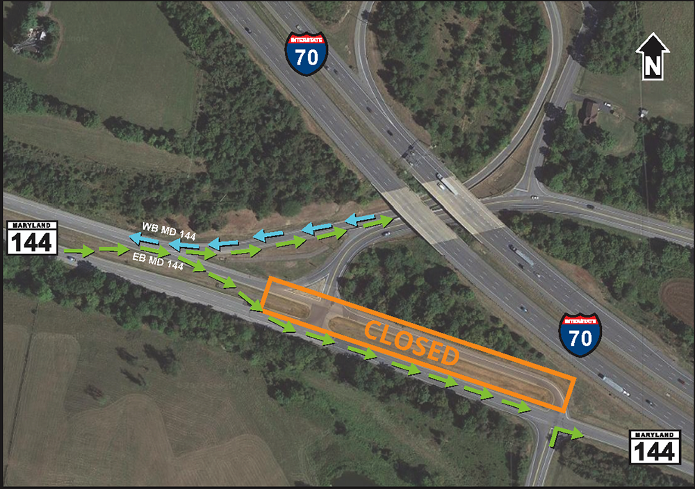 Detour map for I-70 at MD 144