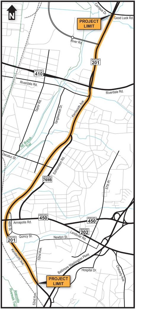 MD 201 PSAP project limit map