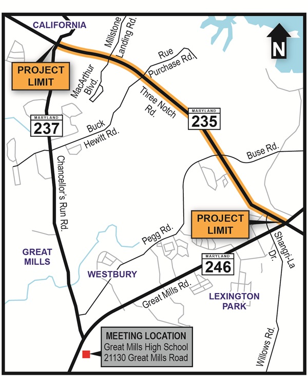 Map of MD 235 project limits and meeting location
