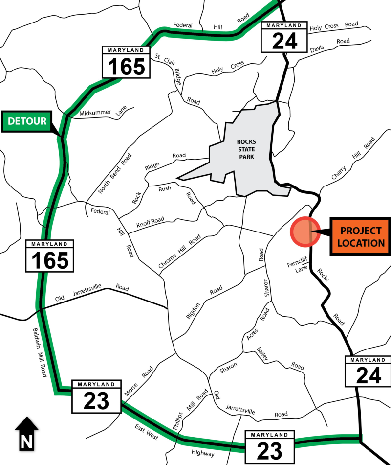 MD 24 Rocks Road detour map