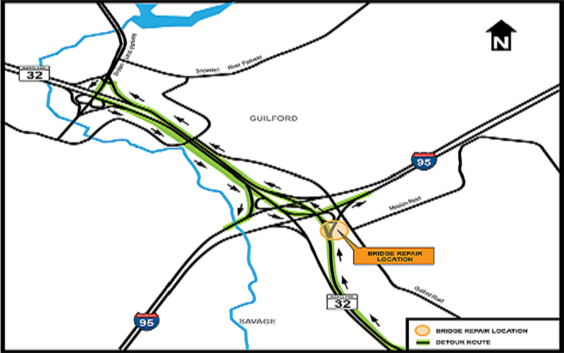 Map MD 32 West Detour