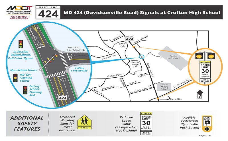 MD 424 new signals at Crofton Middle School and High School