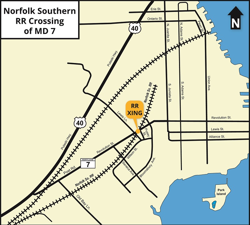 MD 7 and Norfolk Southern railroad crossing