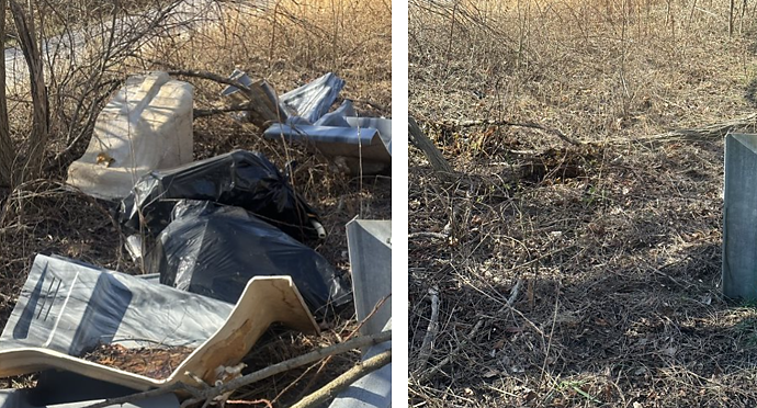 Left, before a recent litter and debris removal operation on US 29 at MD 108 in Howard County, and after, right. State Highway Administration photos.