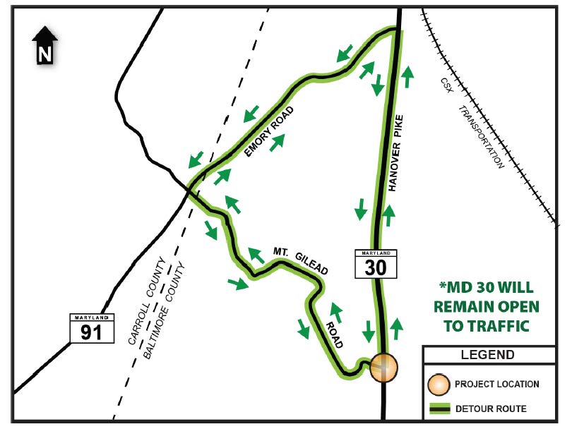 Detour map for MD 30 at Mount Gilead Road