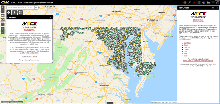 This application showcases the MDOT SHA Roadway Sign Inventory data