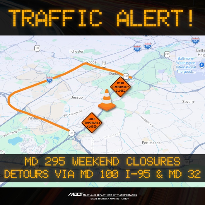 map showing alternate route to be used during weekend closure of MD 295