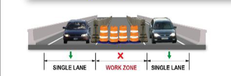 Temporary Westbound traffic pattern during Summer and Fall 2022 with the middle lane closed to traffic.