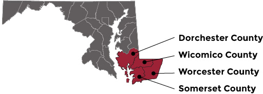 Map showing District 1 (Dorchester, Somerset, Wicomico, Worcester) 