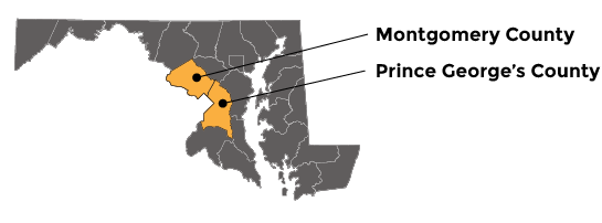 Map showing District 3 (Montgomery, Prince George’s)