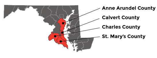 Map showing District 5 (Anne Arundel, Calvert, Charles, St. Mary’s)
