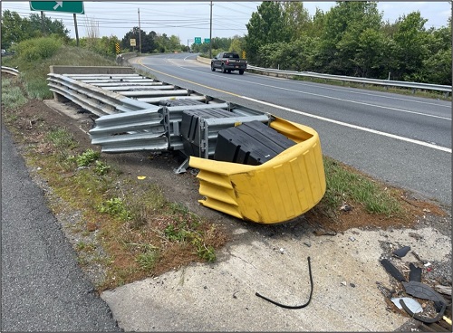 SHA photo: Damaged guardrail on westbound I-70 at the Southbound US 15/Westbound US 340 exit in Frederick County