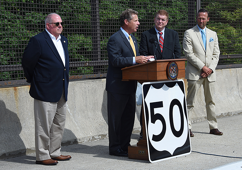 County Executive Schuh gives remarks at announcement of major congestion relief project for severn river bridge.