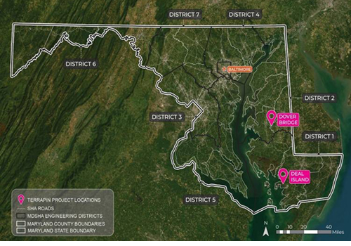 Maryland map showing terrapin fencing locations near Dover Bridge and Deal Island