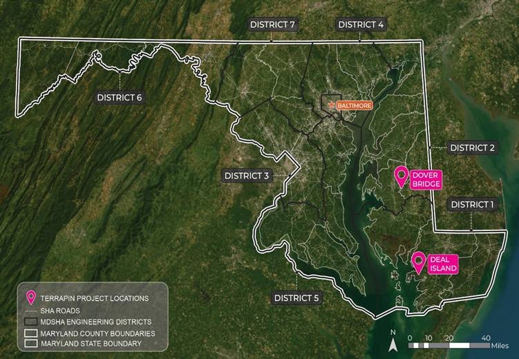 Maryland map showing terrapin fencing locations