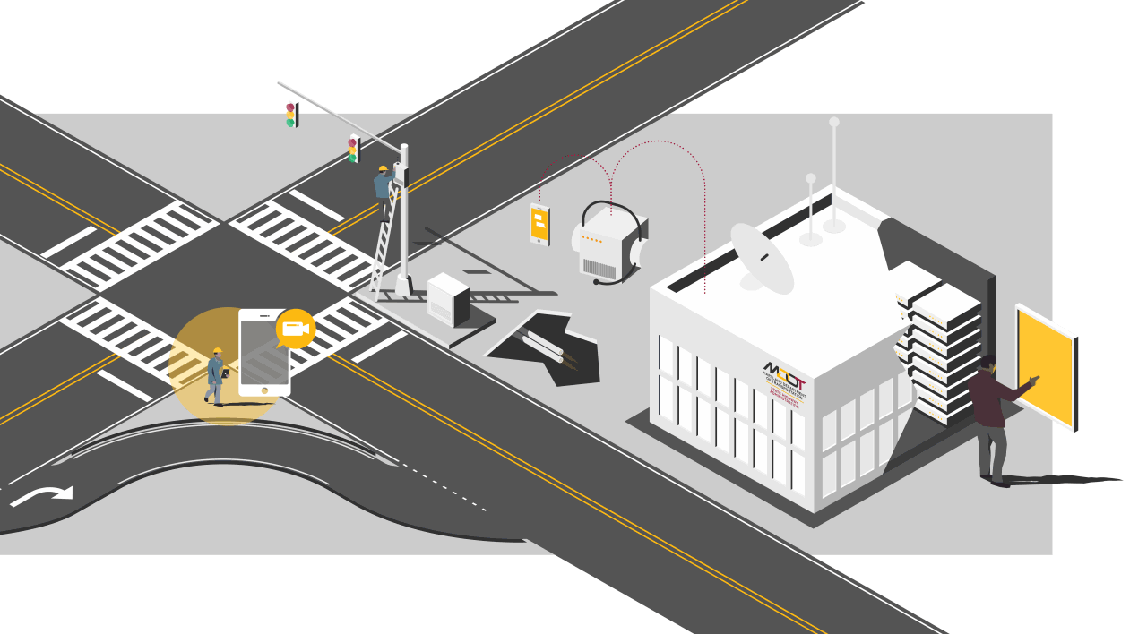 Traffic intersection with signal, pedestrian and MDOT headquarters